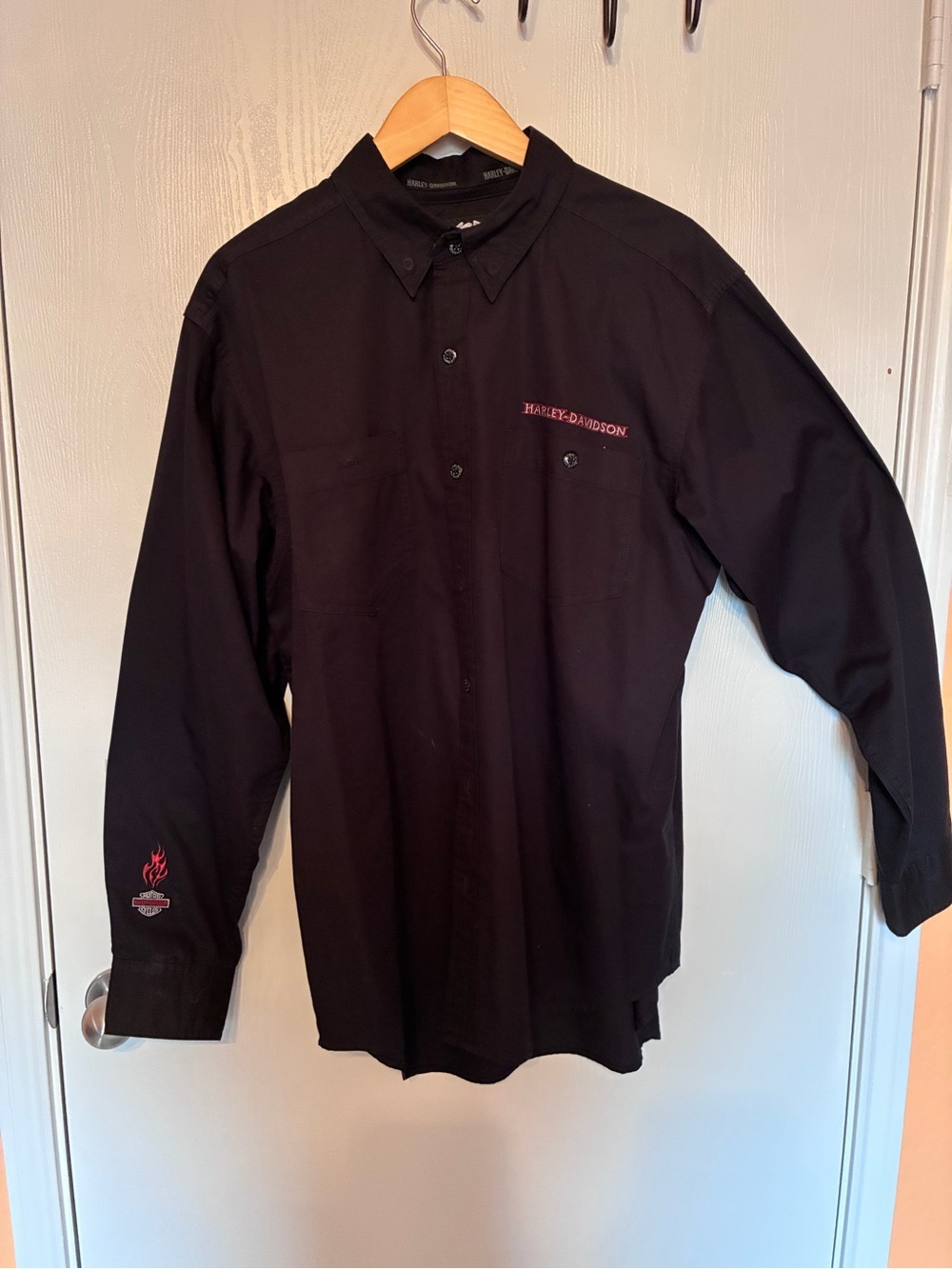 Harley‑Davidson Black Long Sleeve Button‑Front Shirt with Red Embroidery